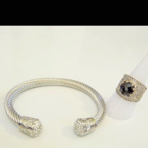 Ottoman Silver Jewelry  4.8ct Black Spinel Filigree Ring  & Cable Cuff Bracelet - Picture 1 of 8